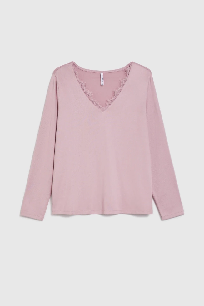 Sweter z koronkowym dekoltem różowy