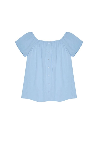 Gładka bluzka koszulowa z wiskozy niebieska