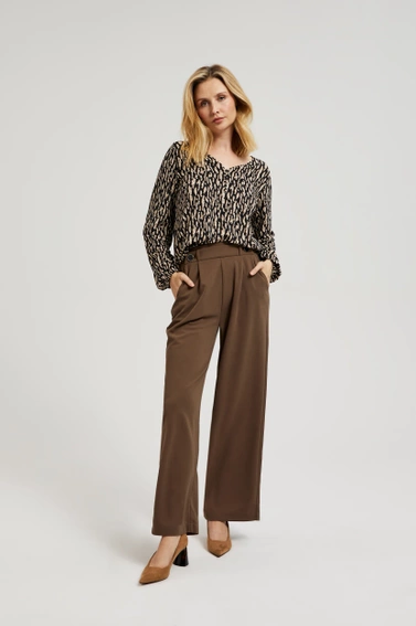 Wzorzysta bluzka z dlugimi rekawami brązowa