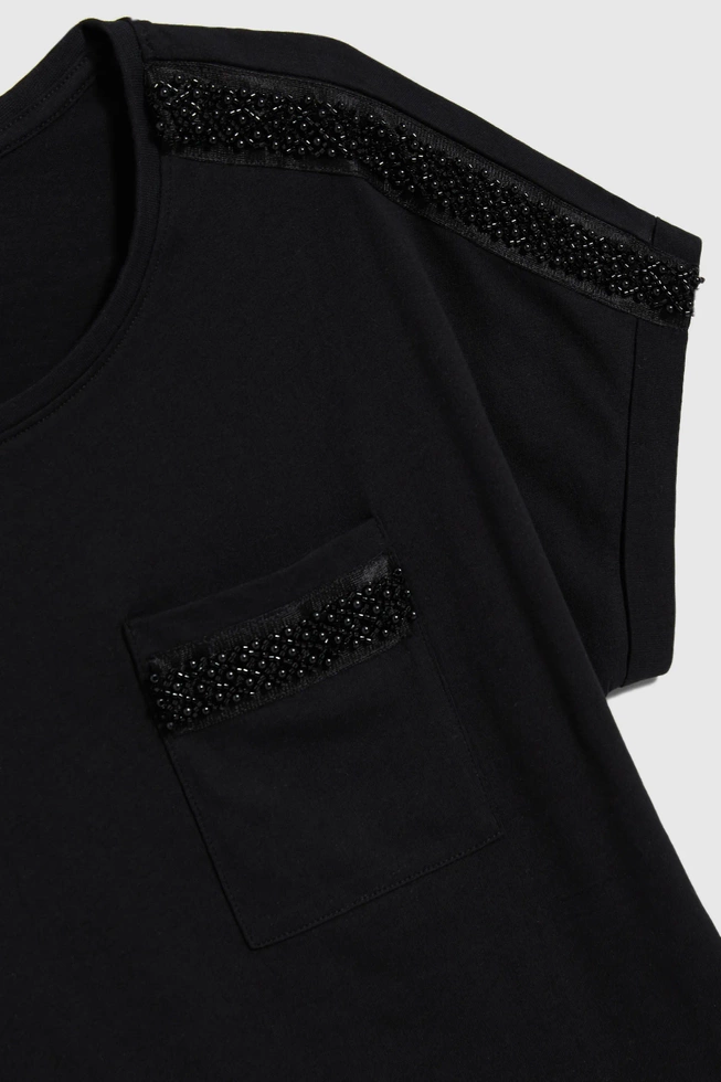 Bawełniany t-shirt ozdobiony koralikami czarny