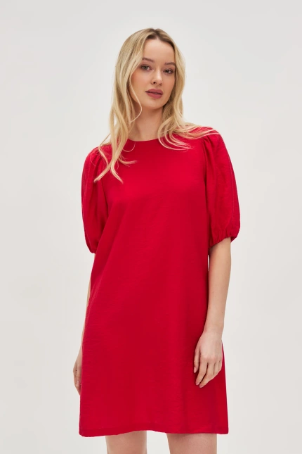 Sukienka z wiskozy z bufiastymi rękawami czerwona