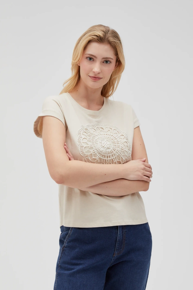 Bawełniana bluzka z aplikacją beżowa