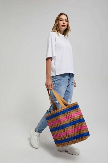 Pleciona torba na ramię w paski ciemnobeżowa