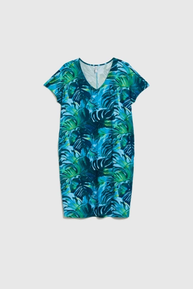 Sukienka z tropikalnym printem niebieska