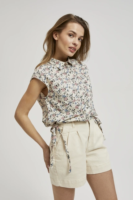 Koszula w kwiatki z kołnierzykiem i krótkimi rękawami beżowa