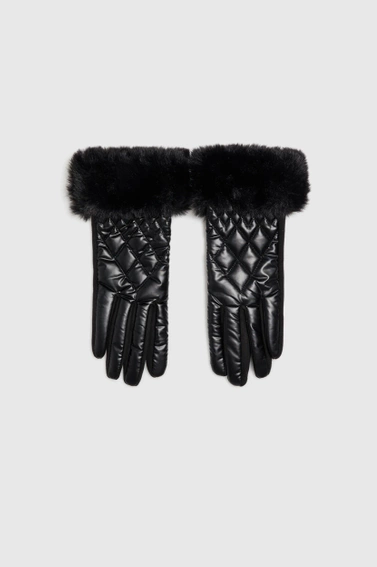 Pikowane rękawiczki z futerkiem czarne 