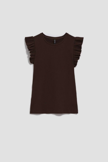 Bluzka z falbaną na ramionach ciemnbrązowa