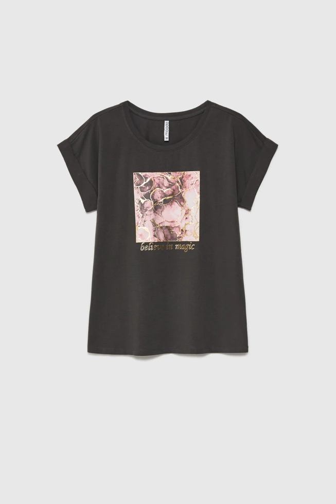 Bawełniana bluzka z nadrukiem i napisem szara