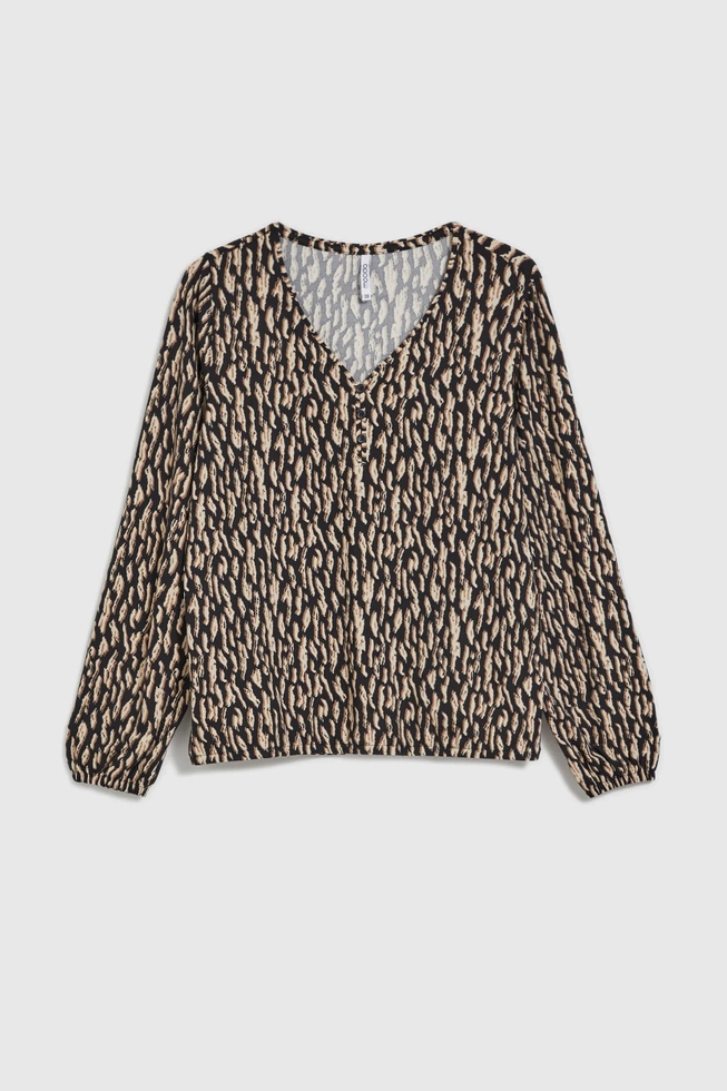 Wzorzysta bluzka z dlugimi rekawami brązowa