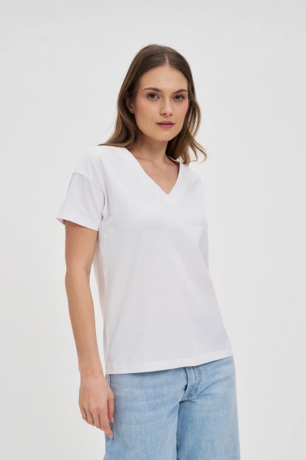 Bawełniany t-shirt z dekoltem w serek biały