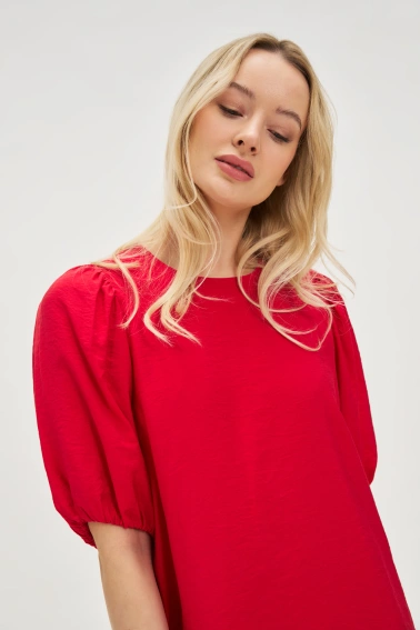 Sukienka z wiskozy z bufiastymi rękawami czerwona 