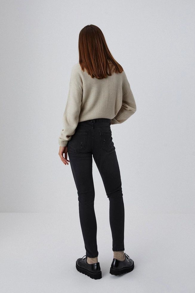 Jeansy skinny medium waist z postrzępionymi nogawkami grafitowe