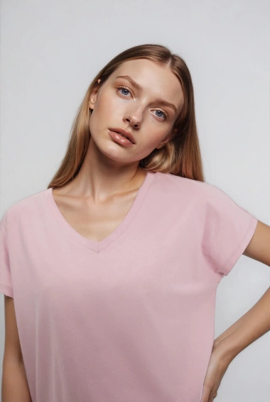 Bawełniany t-shirt z dekoltem w serek jasnoróżowy