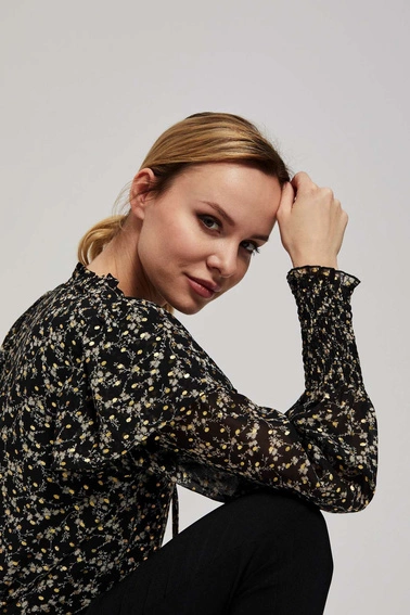 Wzorzysta koszula z wiązaniem na dekolcie czarna