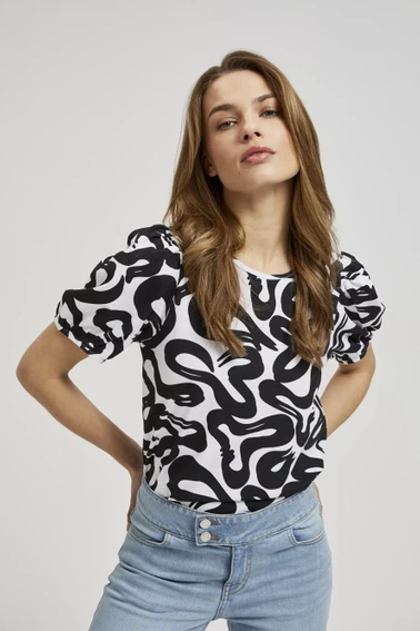 Bluzka z geometrycznym wzorem i bufiastymi rękawami czarno-biała