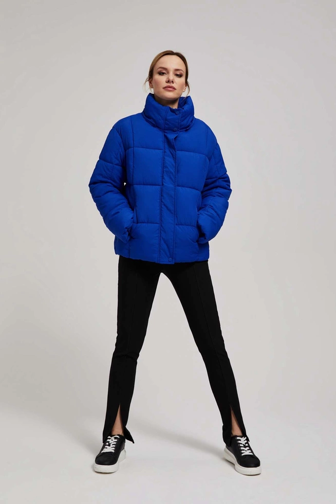 Krótka pikowana kurtka z kapturem ciemnoniebieska