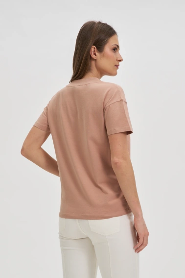 Bawełniany t-shirt z dekoltem w serek beżowy
