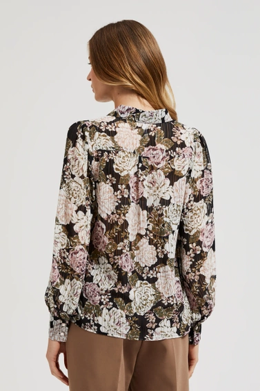 Plisowana koszula z kwiatowym wzorem i bufiastymi rękawami czarna