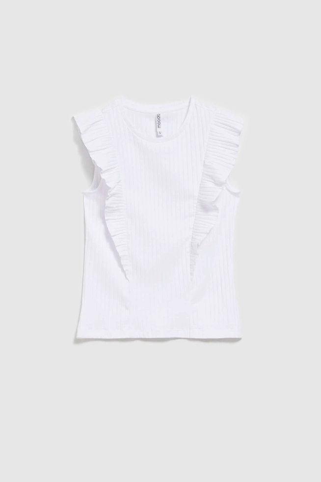Prążkowana bluzka z falbaną biała