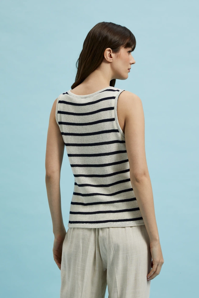 Bluzka w paski z dekoltem w serek i guzikami beżowa