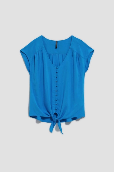 Koszulowa bluzka z wiązaniem lazurowa