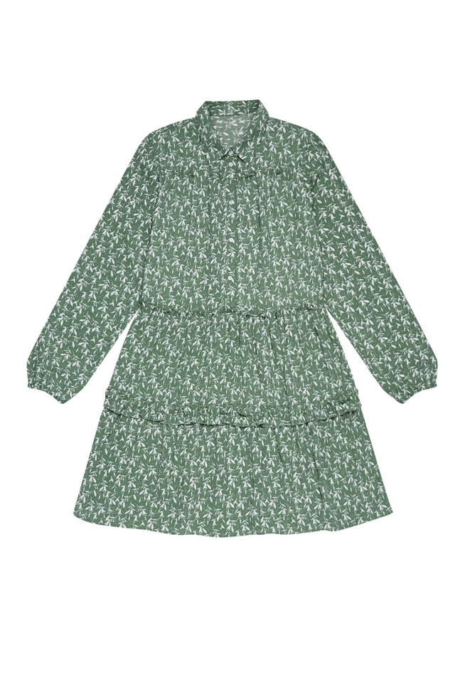 Wzorzysta sukienka z falbaną seledynowa