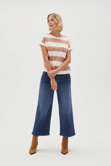 Bluzka w paski z krótkimi rękawami beżowa