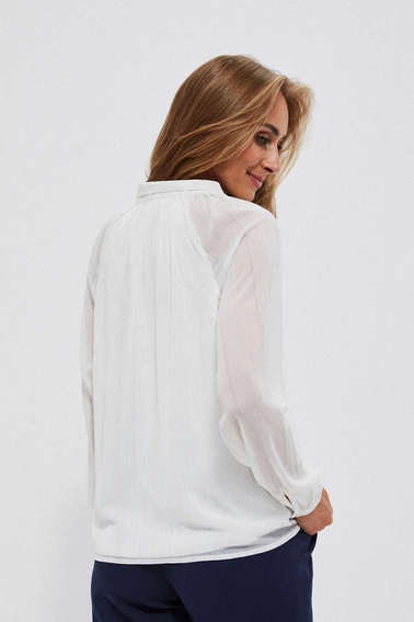 Koszula z wiązanym dekoltem w serek i bufiastymi rękawami perłowa