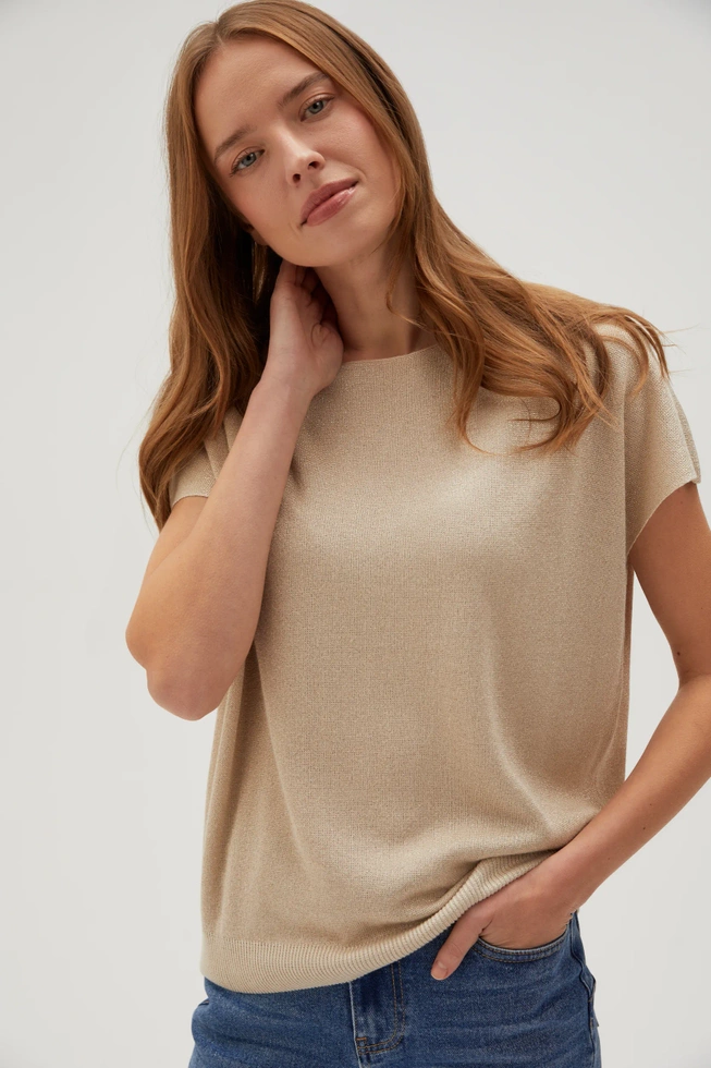 Gładki sweter z krótkimi rękawami beżowy