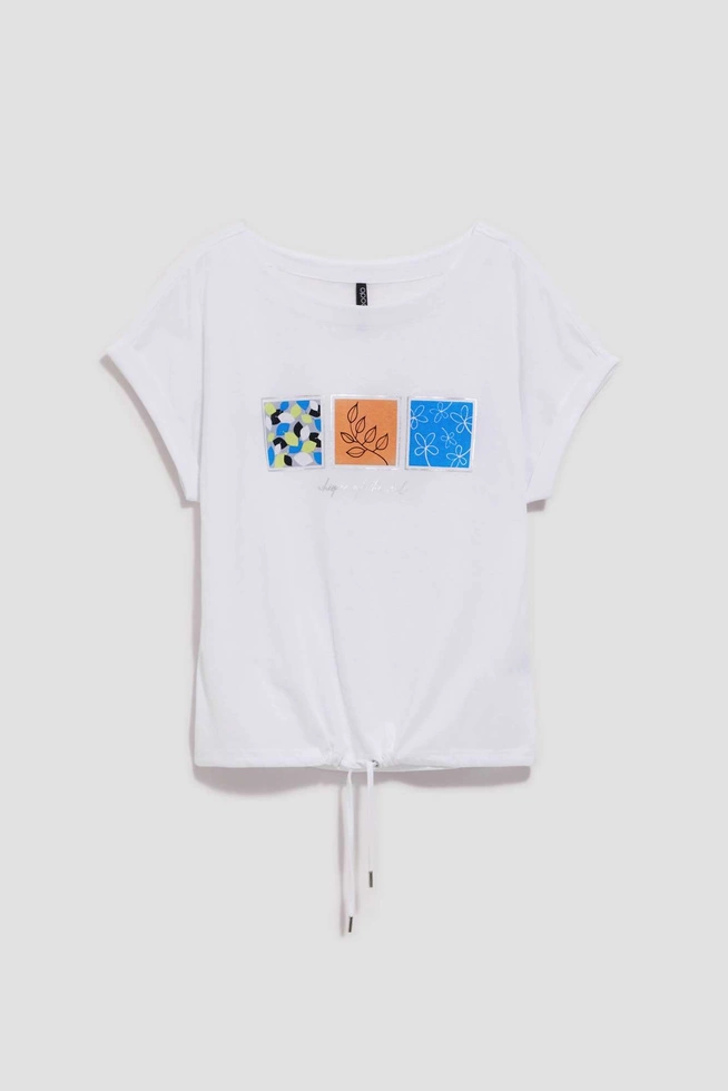 Bawełniany t-shirt z roślinnym nadrukiem i okrągłym dekoltem biały