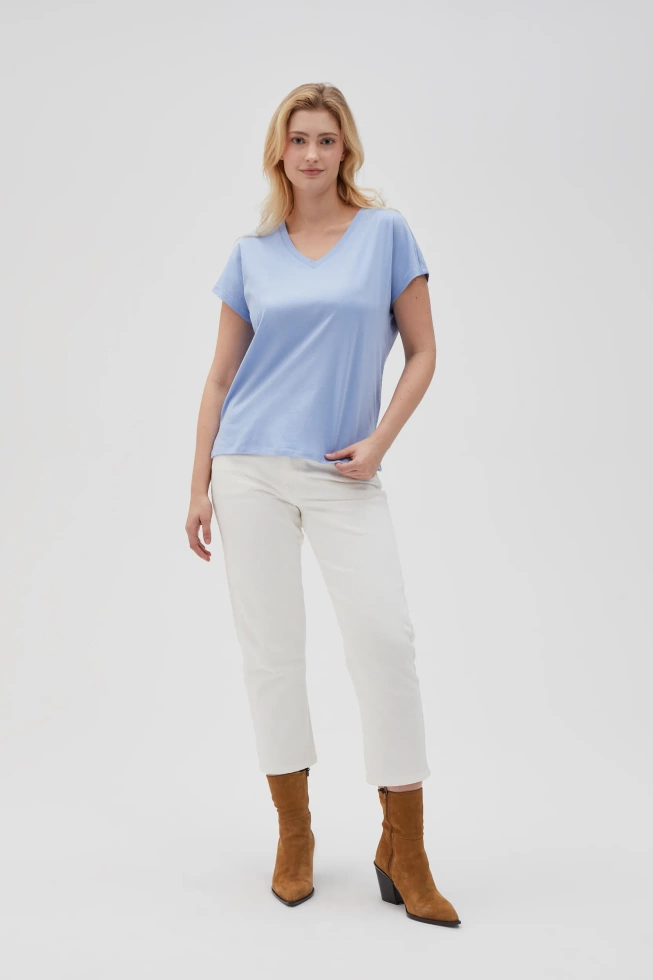 Bawełniny t-shirt z dekoltem w serek niebieski