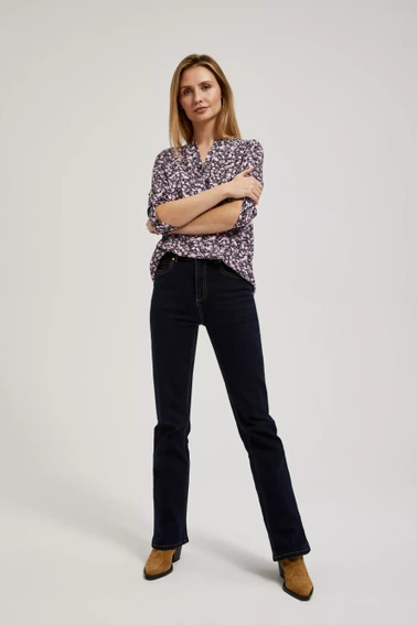 Koszula z kwiatowym printem i podwijanymi rękawami granatowa