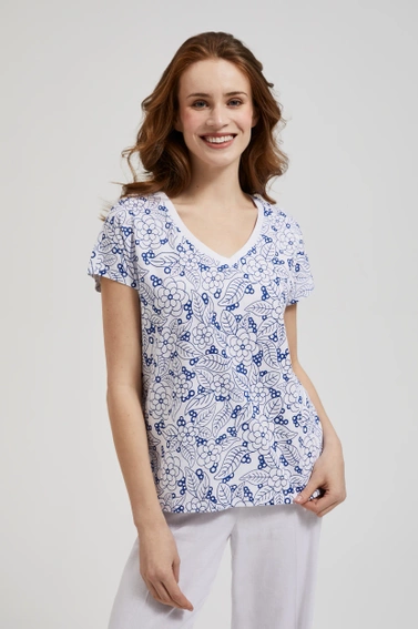 Bluzka biała w kwiatowy wzór z dekoltem w serek