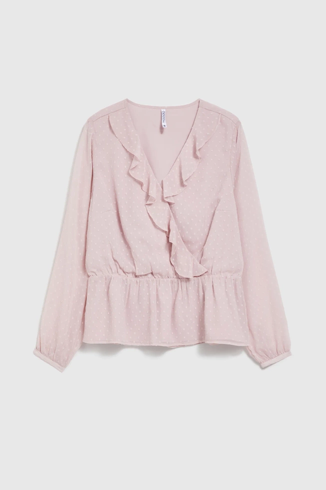 Koszula z falbaną i bufiastymi rękawami różowa