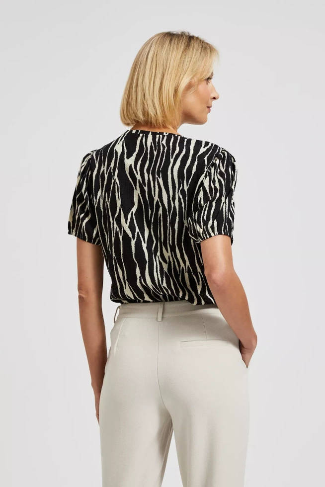 Wzorzysta bluzka z bufiastymi krótkimi rękawami czarna