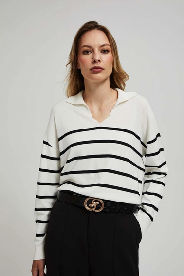 Sweter w paski z kołnierzykiem perłowo-czarny