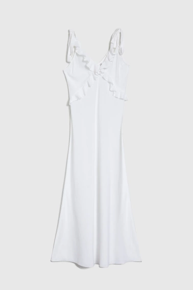 Sukienka midi z falbaną na dekolcie biała