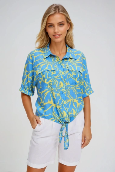 Wzorzysta koszula z wiązanemi żółta