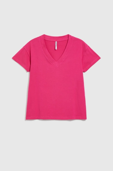 Bawełniany t-shirt z dekoltem w serek fuksjowy