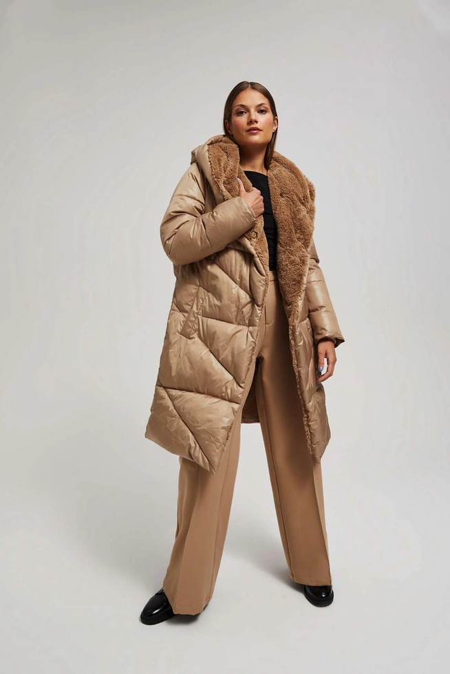 Długa kurtka z kapturem ciemnobeżowa