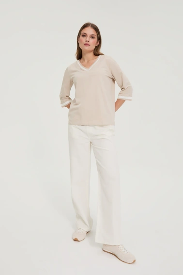 Bawełniana bluzka z dekoltem w serek beżowa