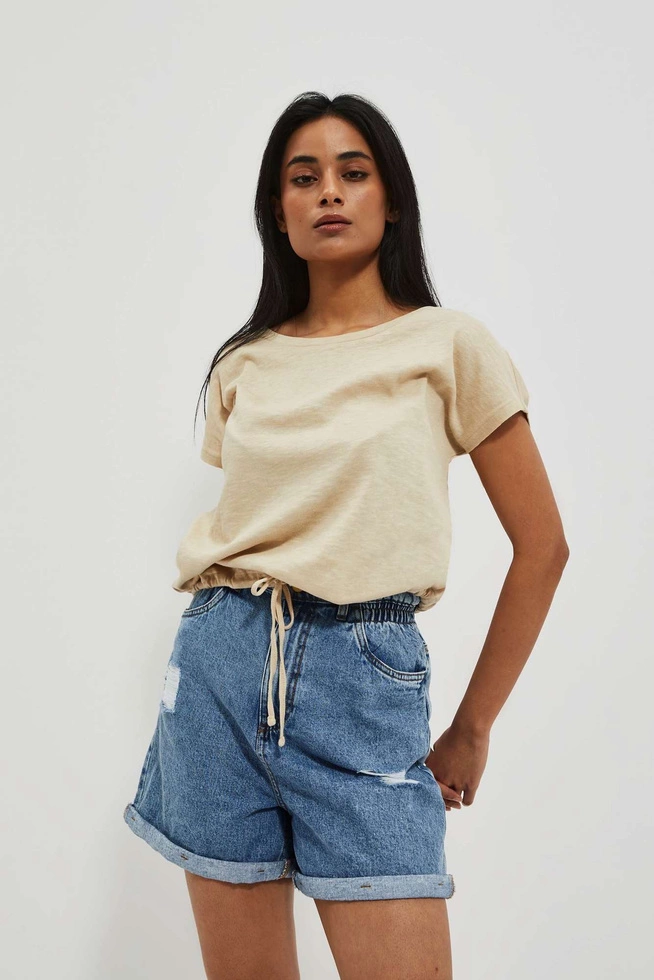 T-shirt z wiązaniem w pasie piaskowy