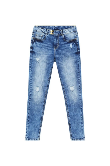 Jeansy rurki medium waist z przetarciami niebieskie