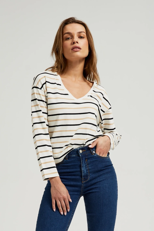 Bluzka w paski z długimi rękawami i dekoltem w serek biała