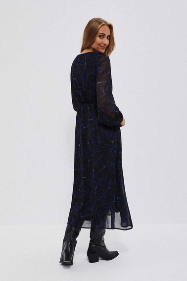 Sukienka midi z printem i bufiastymi rękawami czarna