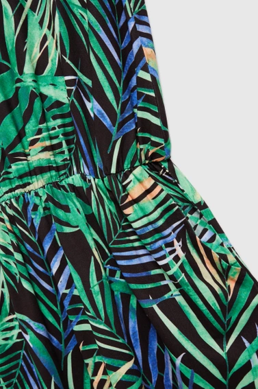 Sukienka w tropikalny wzór z wiązaniem w talii zielona