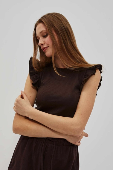 Bluzka z falbaną na ramionach ciemnbrązowa