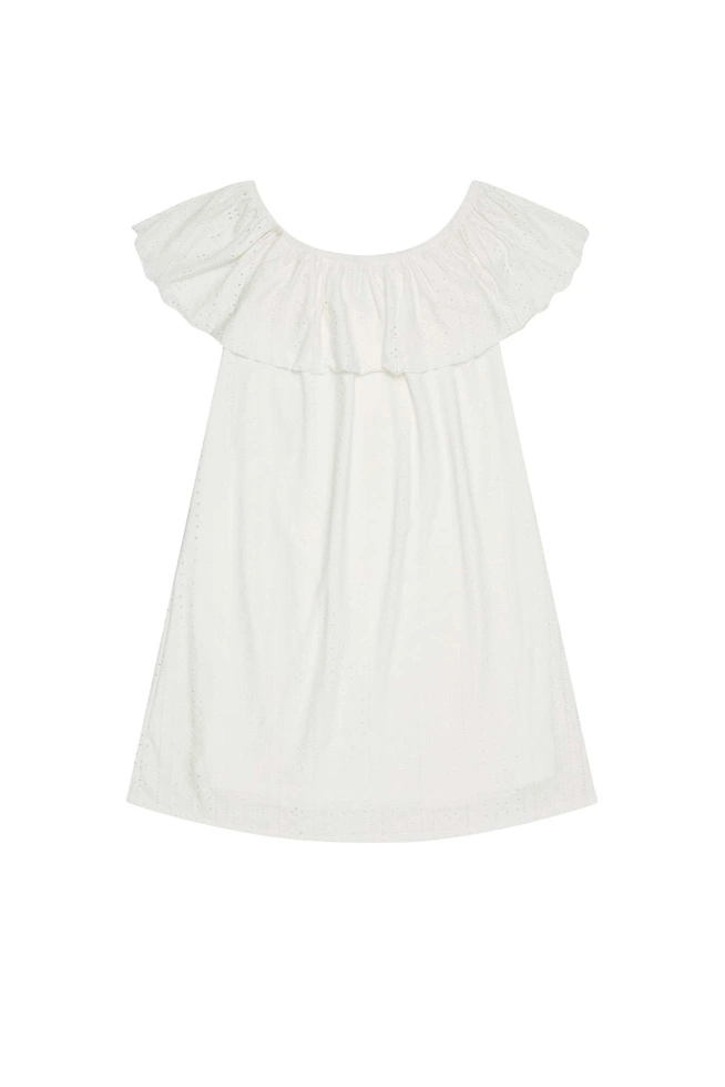 Ażurowa sukienka z odkrytymi ramionami perłowa