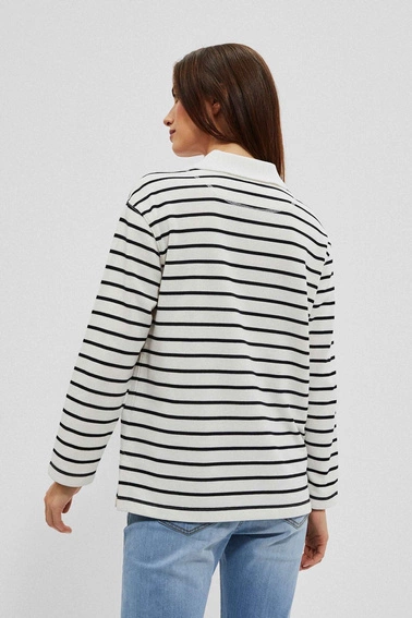 Bluza w paski z dekoltem w serek i kołnierzykiem perłowo-czarna