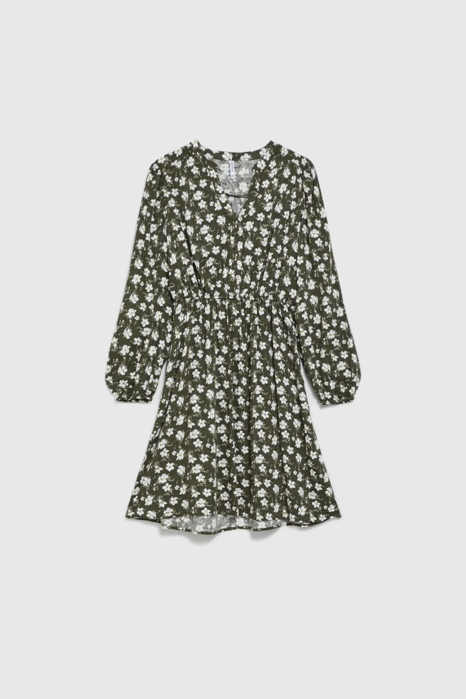 Rozkloszowana sukienka w kwiaty oliwkowa